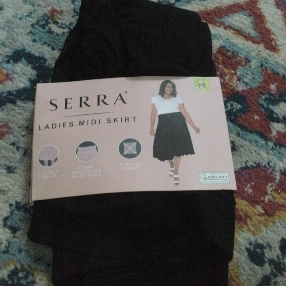 NWT Serra Black Midi Pull-on Skirt Stretch Fabric Tummy Smoothing Waistband ~ M